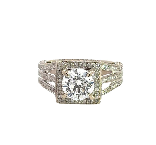 360 video of white gold diamond ring with 1.75 carat center-stone, diamonds around center-stone, diamonds on band in 3 rows, and diamonds on prongs