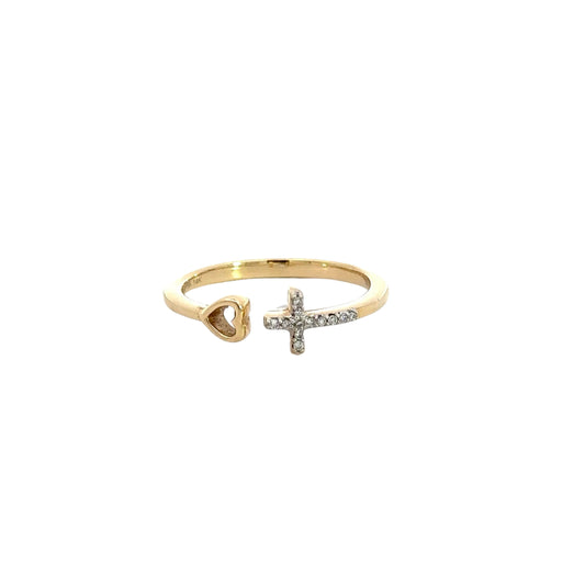 360 video of yellow gold ring with diamond cross and open heart design