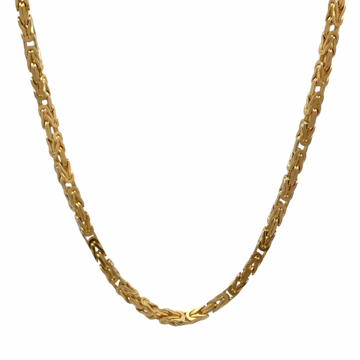 14K yellow gold fancy link necklace hanging against a white background, full chain front view