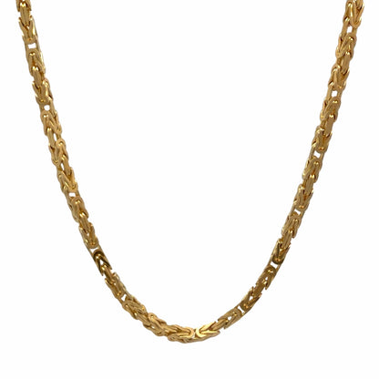 14K yellow gold fancy link necklace hanging against a white background, full chain front view