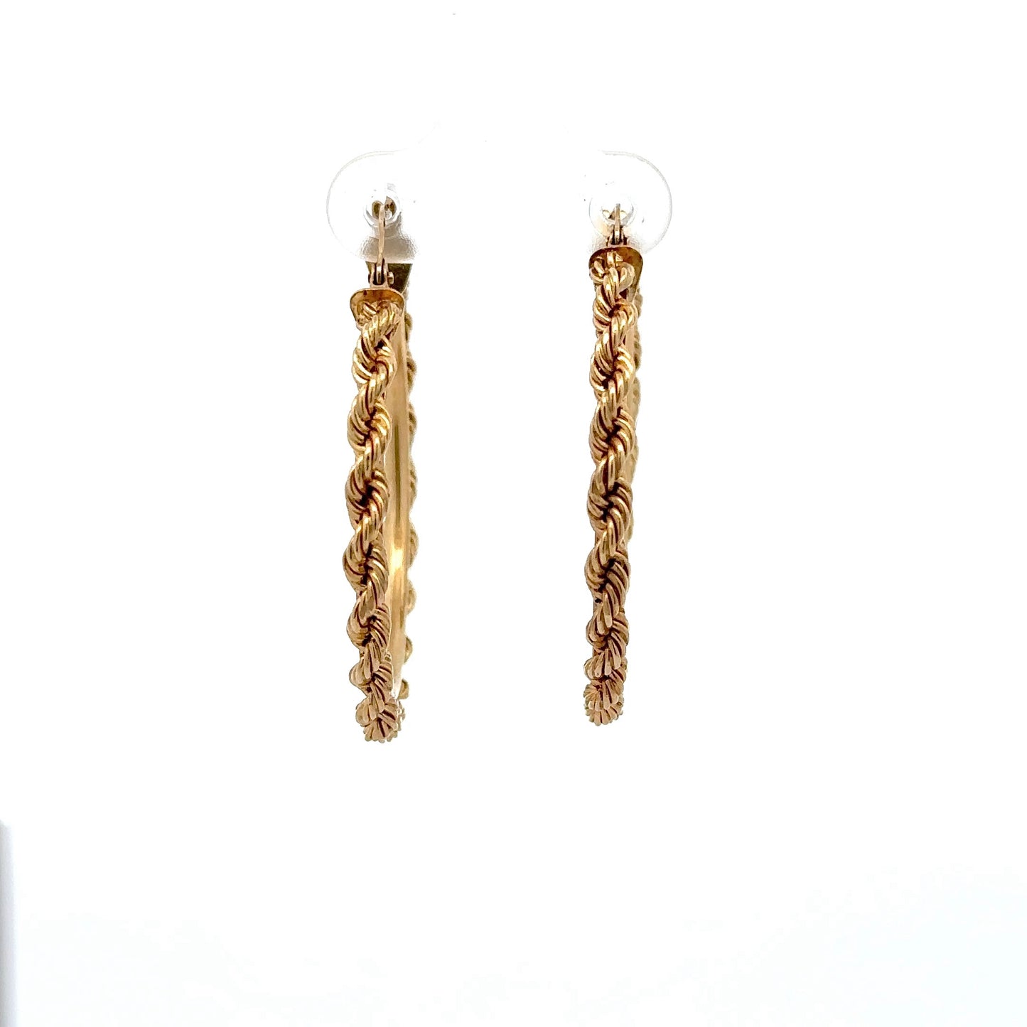 front of yellow gold rope style hoops