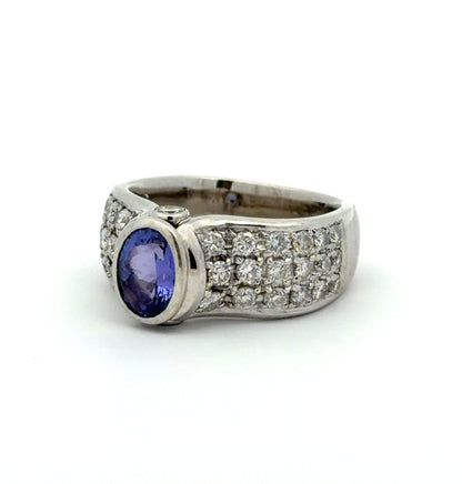 18K White Gold 1.2TCW Diamond & Oval Tanzanite Gemstone Ring