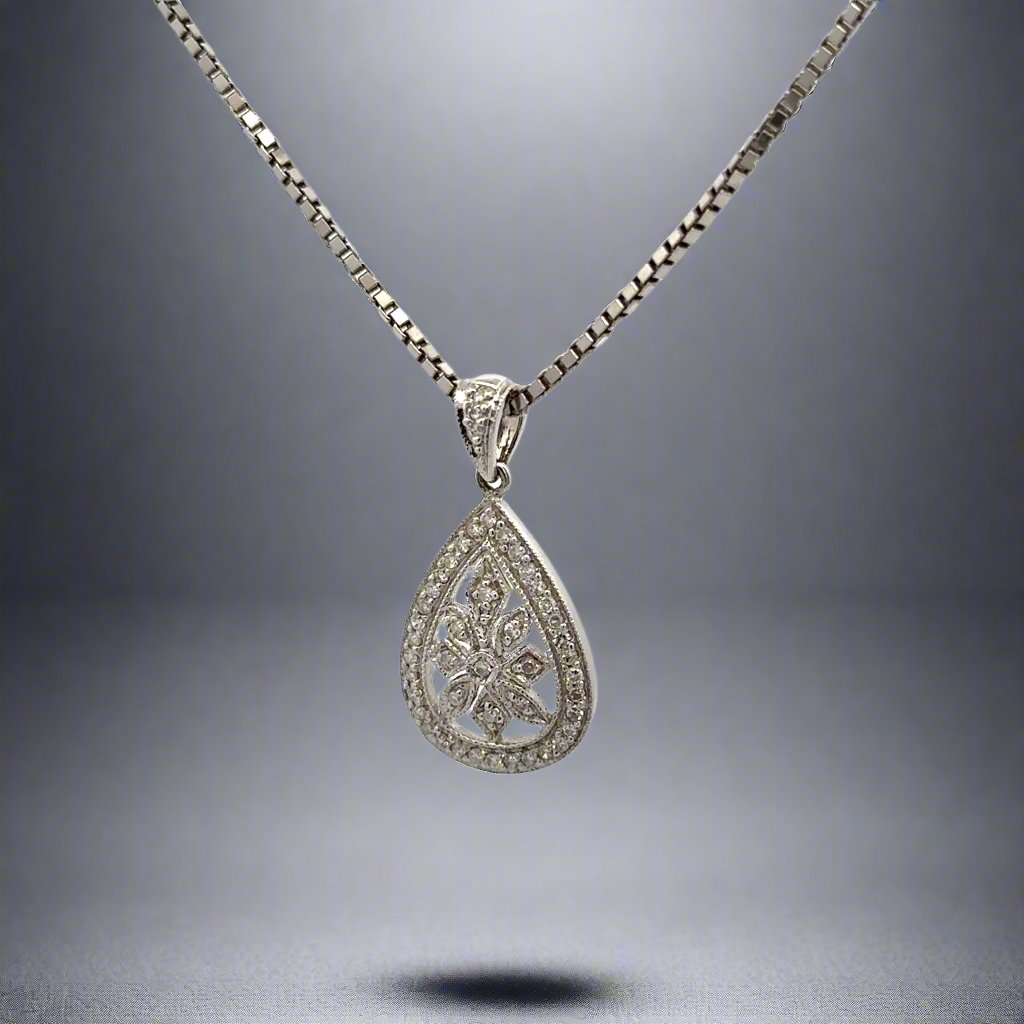 Diagonal view of diamond necklace