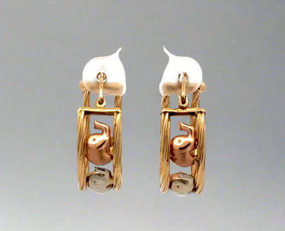 Elephant Hoop Earrings with yellow gold hoops + 3 elephants in rose gold + white gold