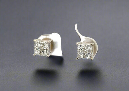 Diagonal view of princess-cut diamond earrings