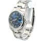 Diagonal view of stainless steel rolex with smooth bezel, oyster band, and blue roman numeral dial