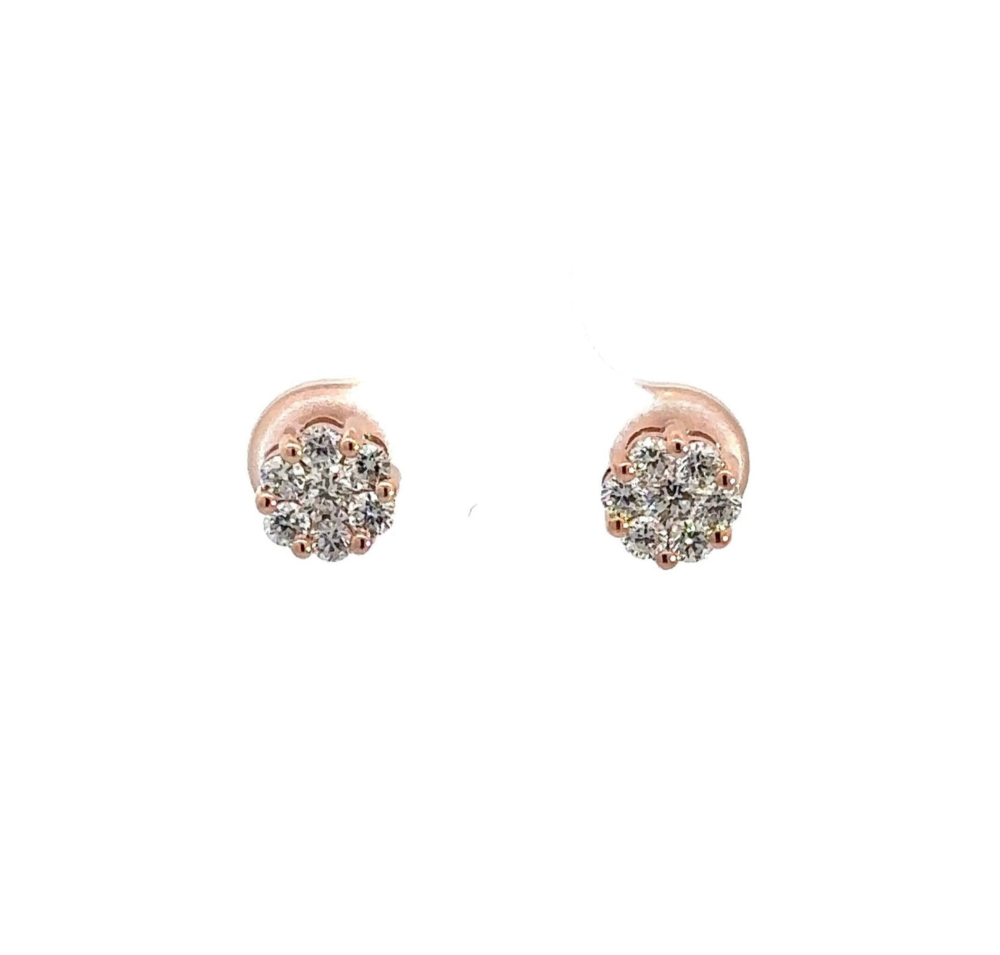Front of rose gold diamond flower earrings with 7 round diamonds each
