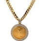 front of yellow gold cuban link chain with a 1997 american eagle gold coin with diamonds