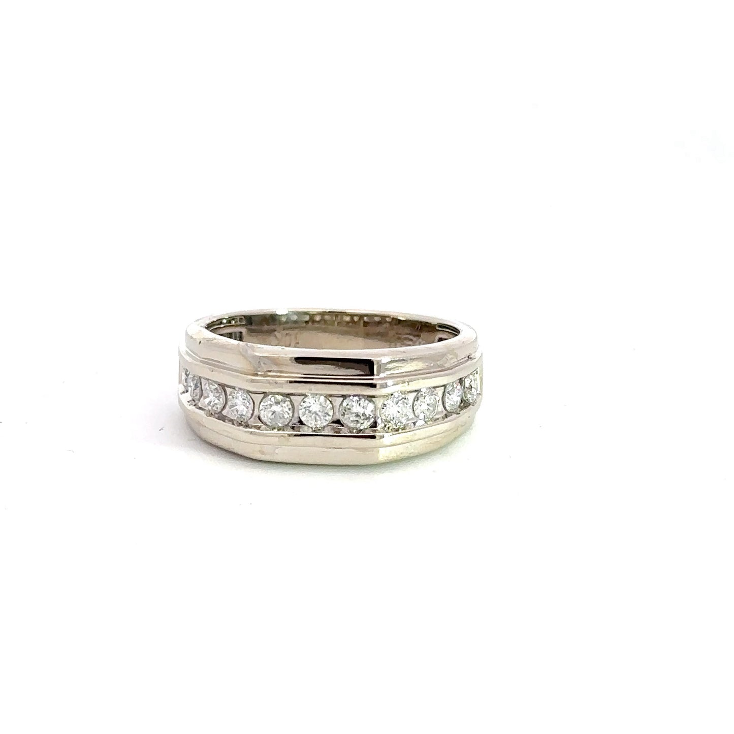 Front of white gold ring with round diamonds on half the band on front