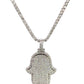 hanging white gold tennis chain with round diamonds throughout chain and hamsa pendant