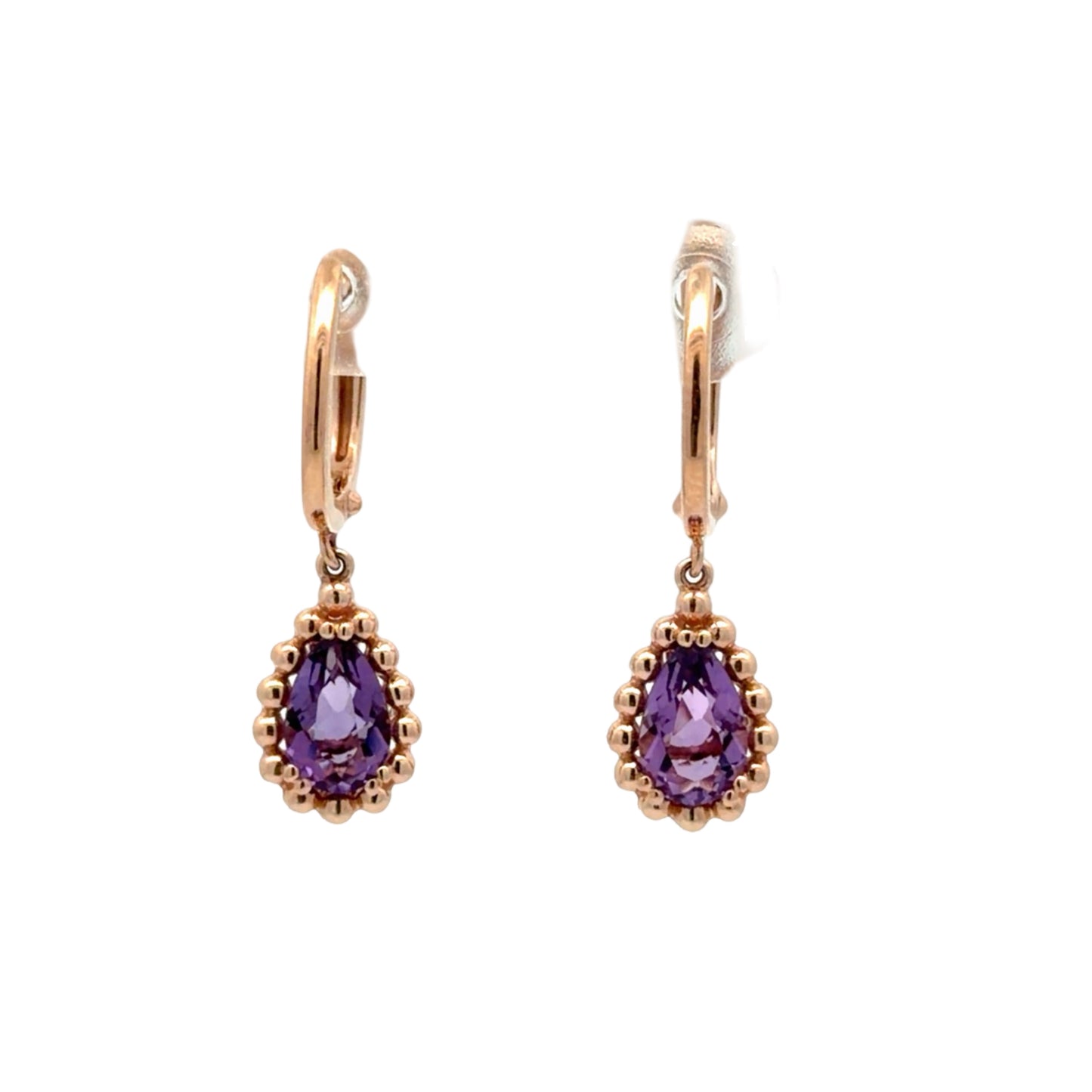 A pair of rose gold hoop earrings with teardrop-shaped purple amethyst gemstones in beaded settings, shown against a plain white background.