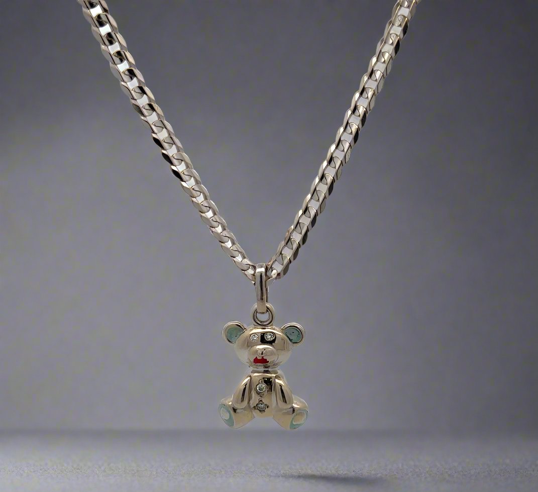 Solid 14K White Gold Diamond Teddy Bear + Curb Link Unisex Necklace