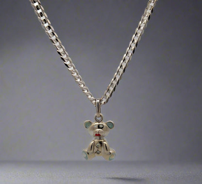 14K White Gold Diamond Teddy Bear + Curb Link Necklace