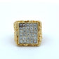 Front of gold nugget ring with diamonds on a square center