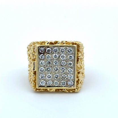 Front of gold nugget ring with diamonds on a square center