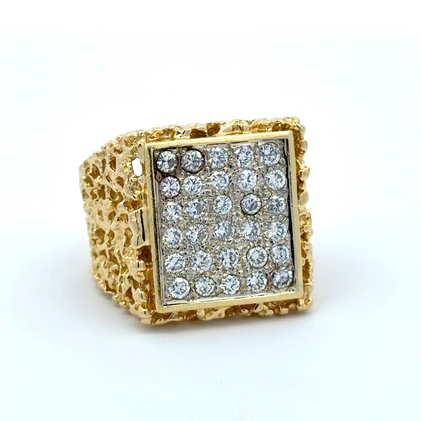 Gold nugget ring with diamond-studded square design on a white background