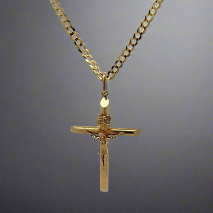 14K Yellow Gold Crucifix + Curb Link Unisex Necklace