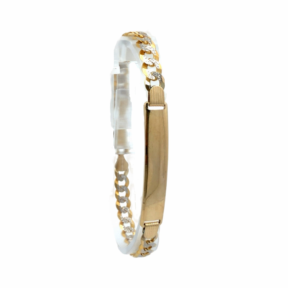14k two-tone yellow and white gold ID bracelet with polished identification plate and textured curb links, front view