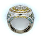 White gold ring with yellow, white, blue, & green diamonds on a white background