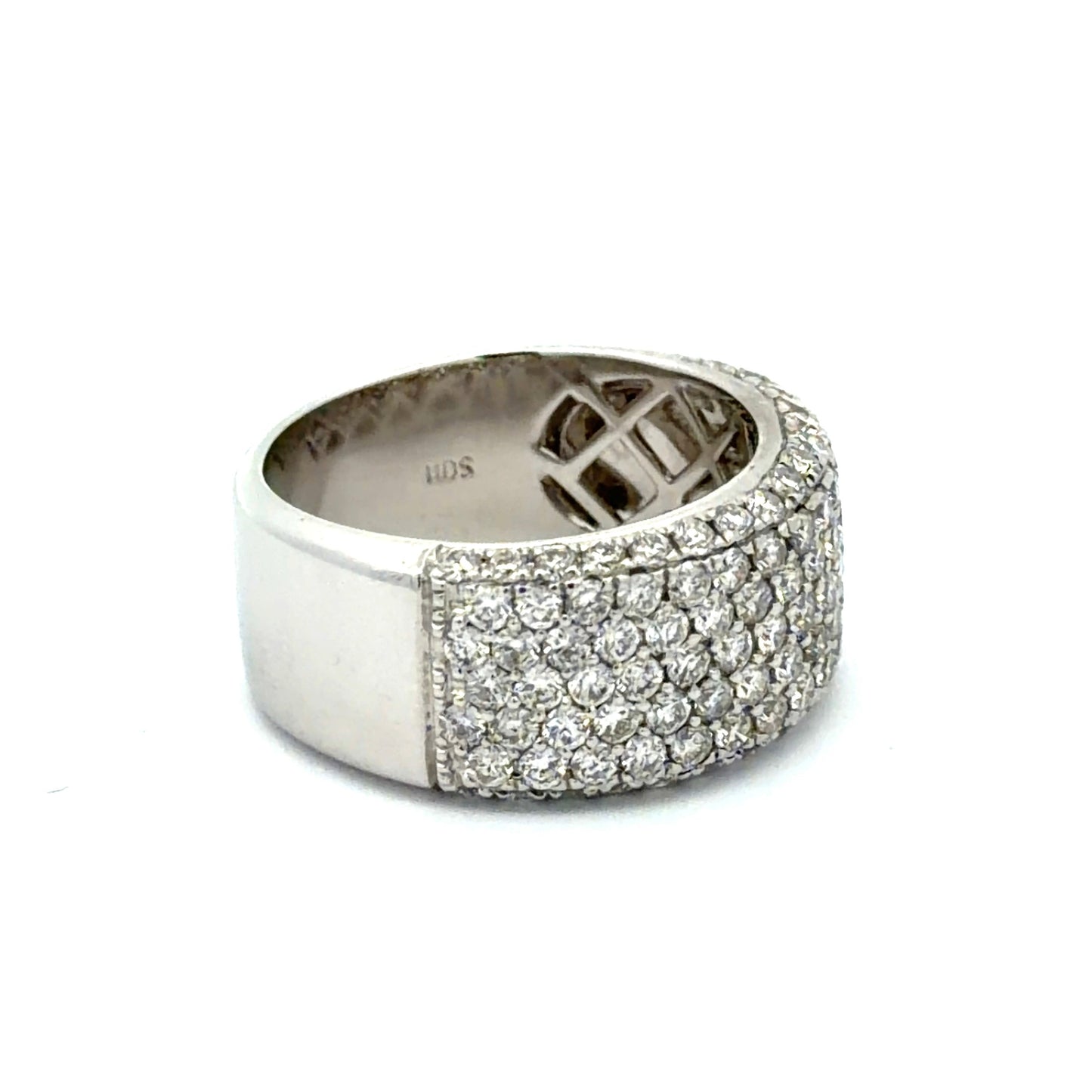 Side of white gold ring with half round diamonds on half the band