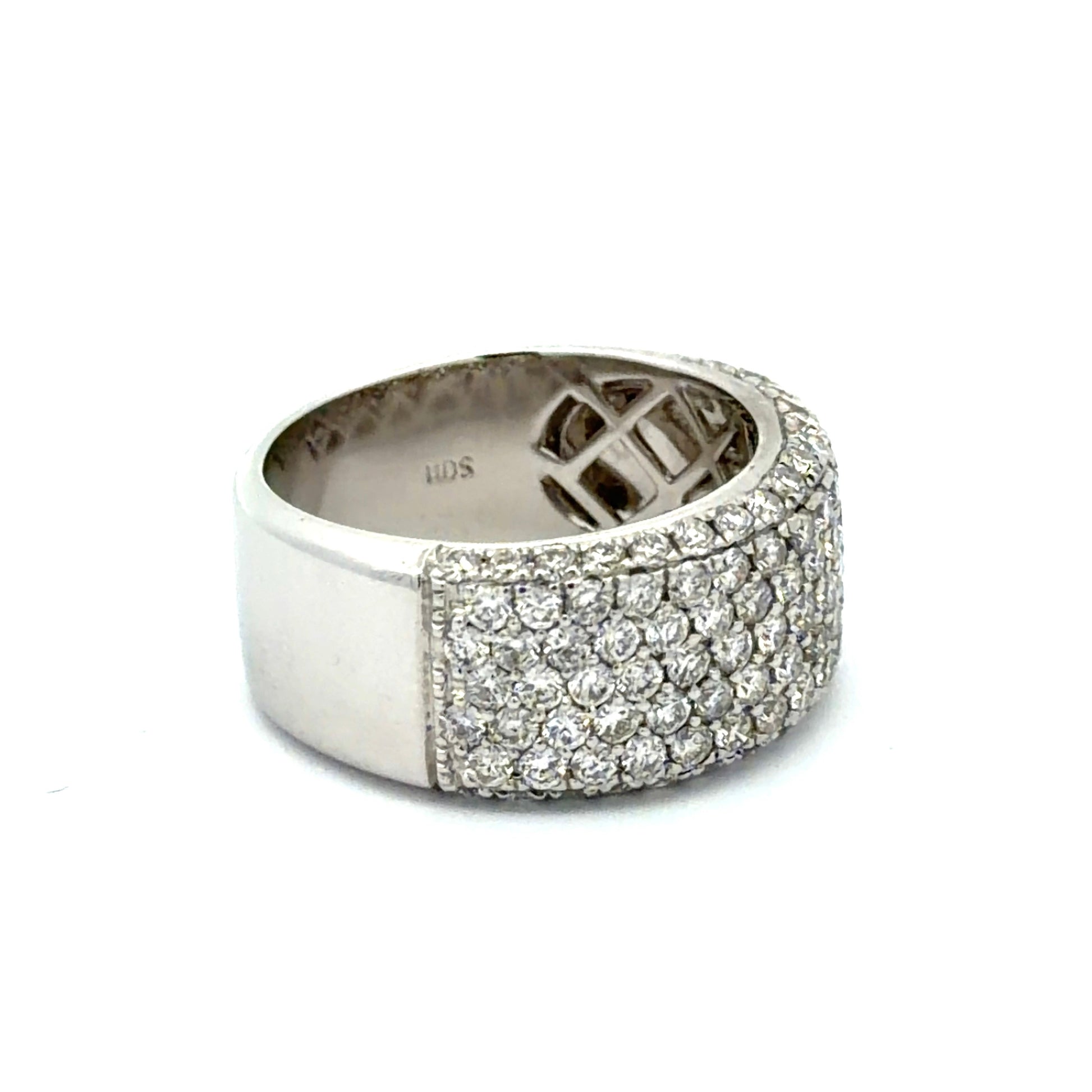 Side of white gold ring with half round diamonds on half the band