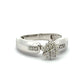 White gold ring with diamond flower design on a white background