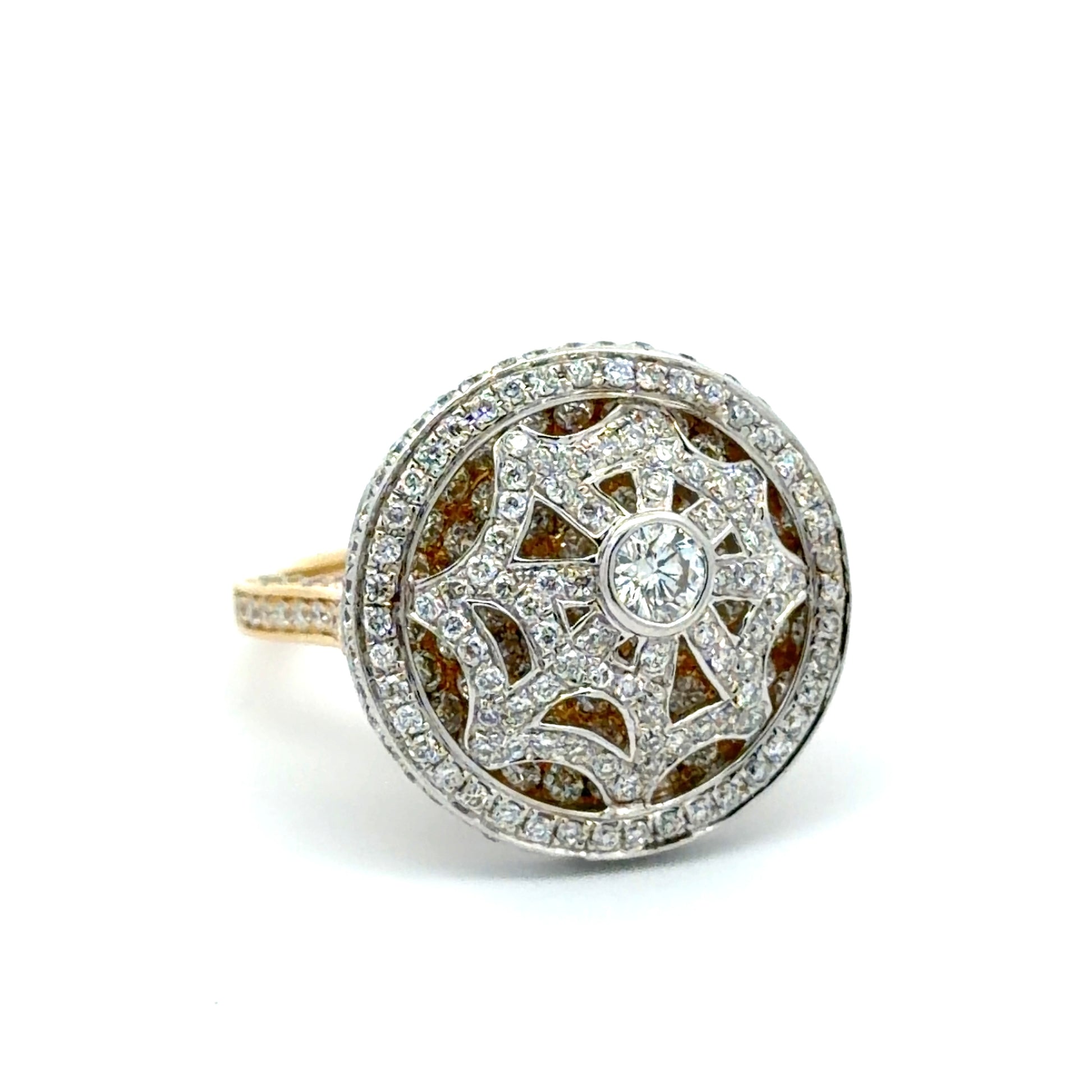 Diamond ring with intricate design on a white background