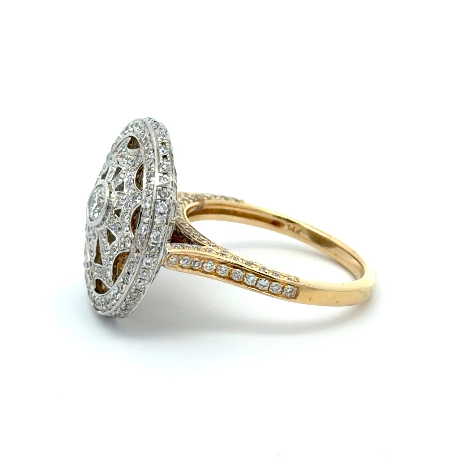 Side of yellow and white gold diamond ring