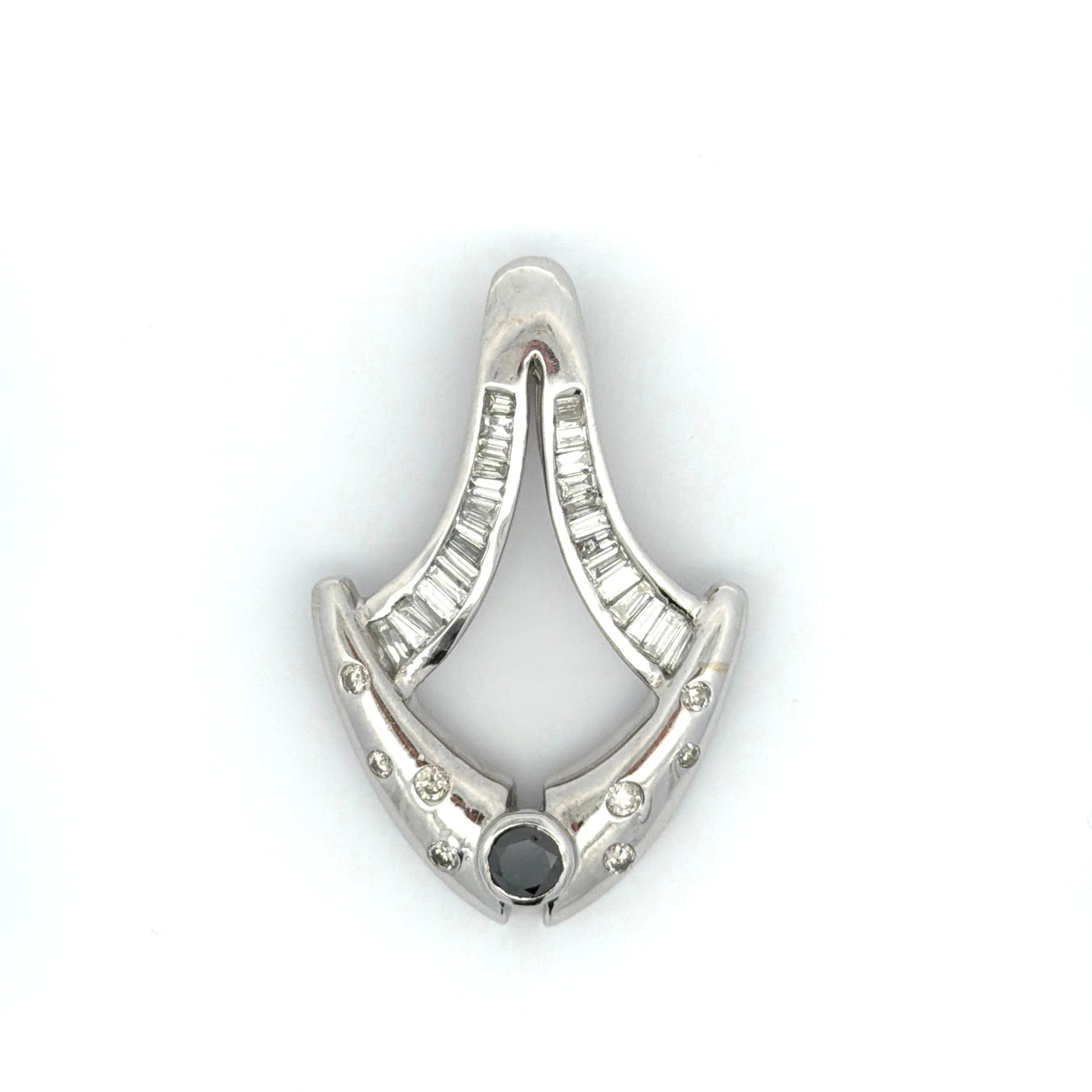 White gold pendant with a round black diamond, white round diamonds, and baguettes on a white background