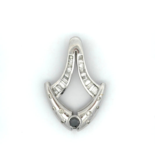 White gold pendant with a round black diamond, white round diamonds, and baguettes on a white background