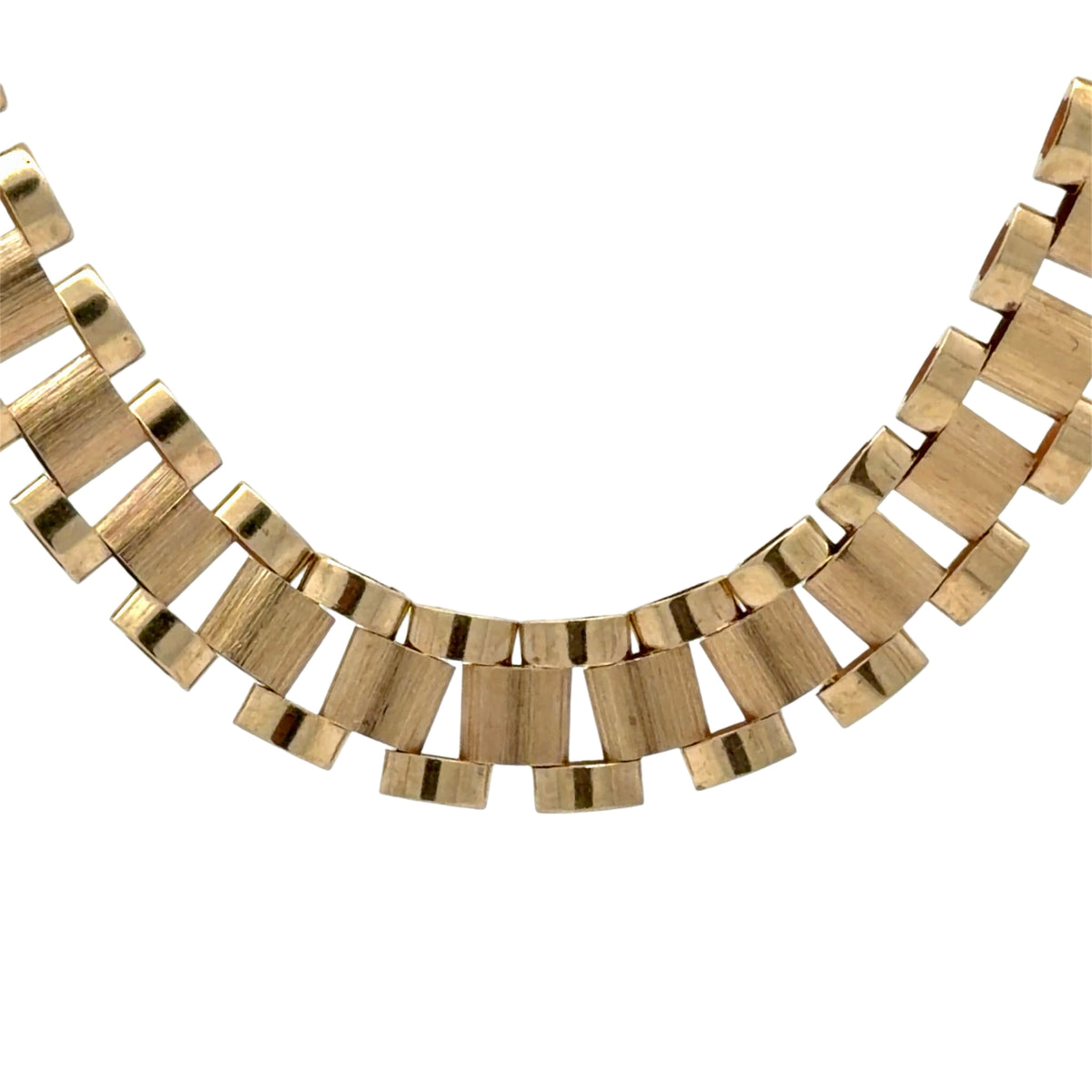 A close-up of a gold-toned rolex link chain bracelet with rectangular links, shown against a plain white background.