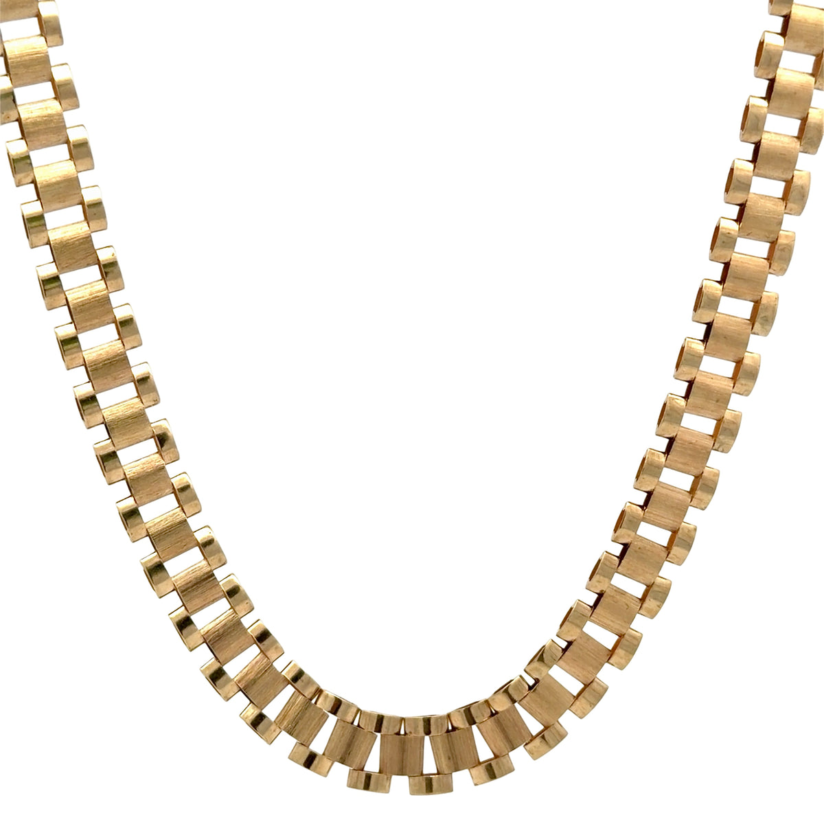 A gold-toned rolex link chain necklace with a wide, textured rectangular link design, shown against a plain white background.