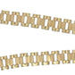 A close-up of a gold rolex link chain or shown against a plain white background.