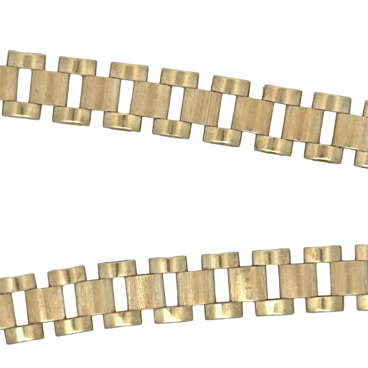 A close-up of a gold rolex link chain or shown against a plain white background.