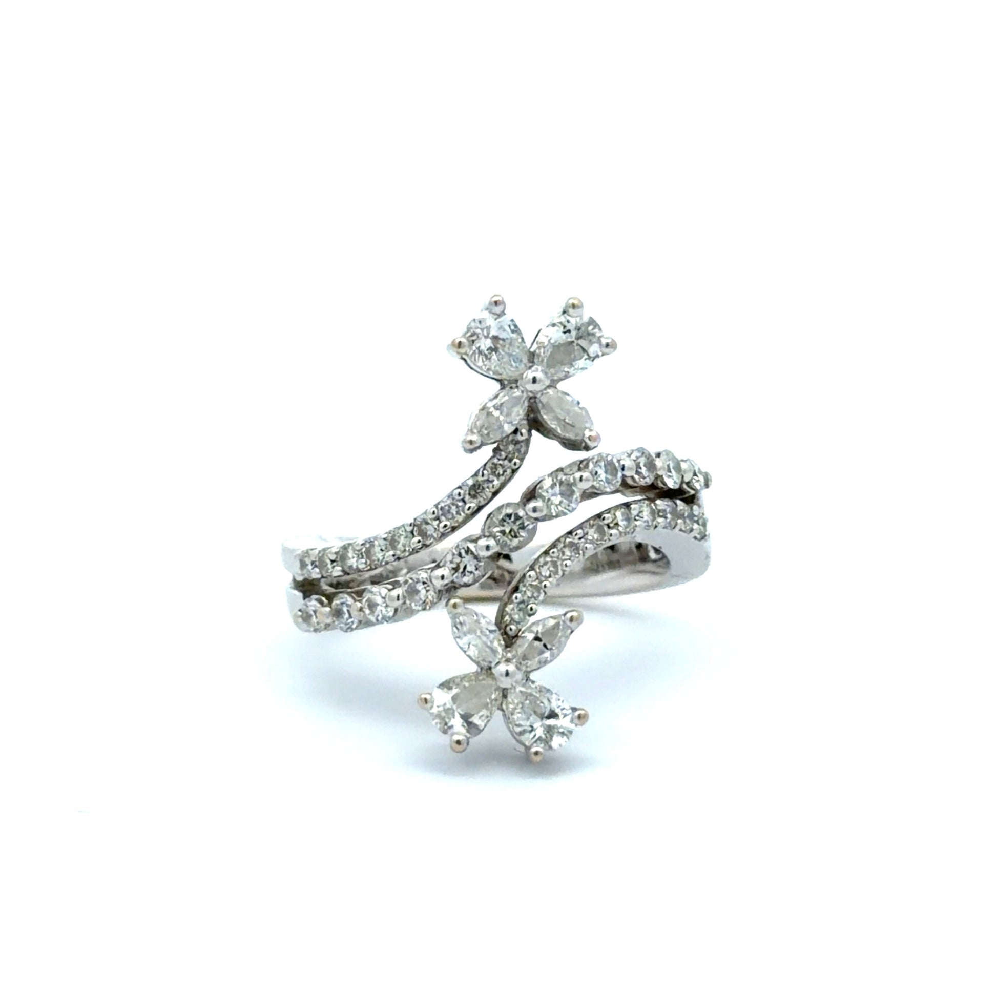 White gold ring with diamond accents on a white background