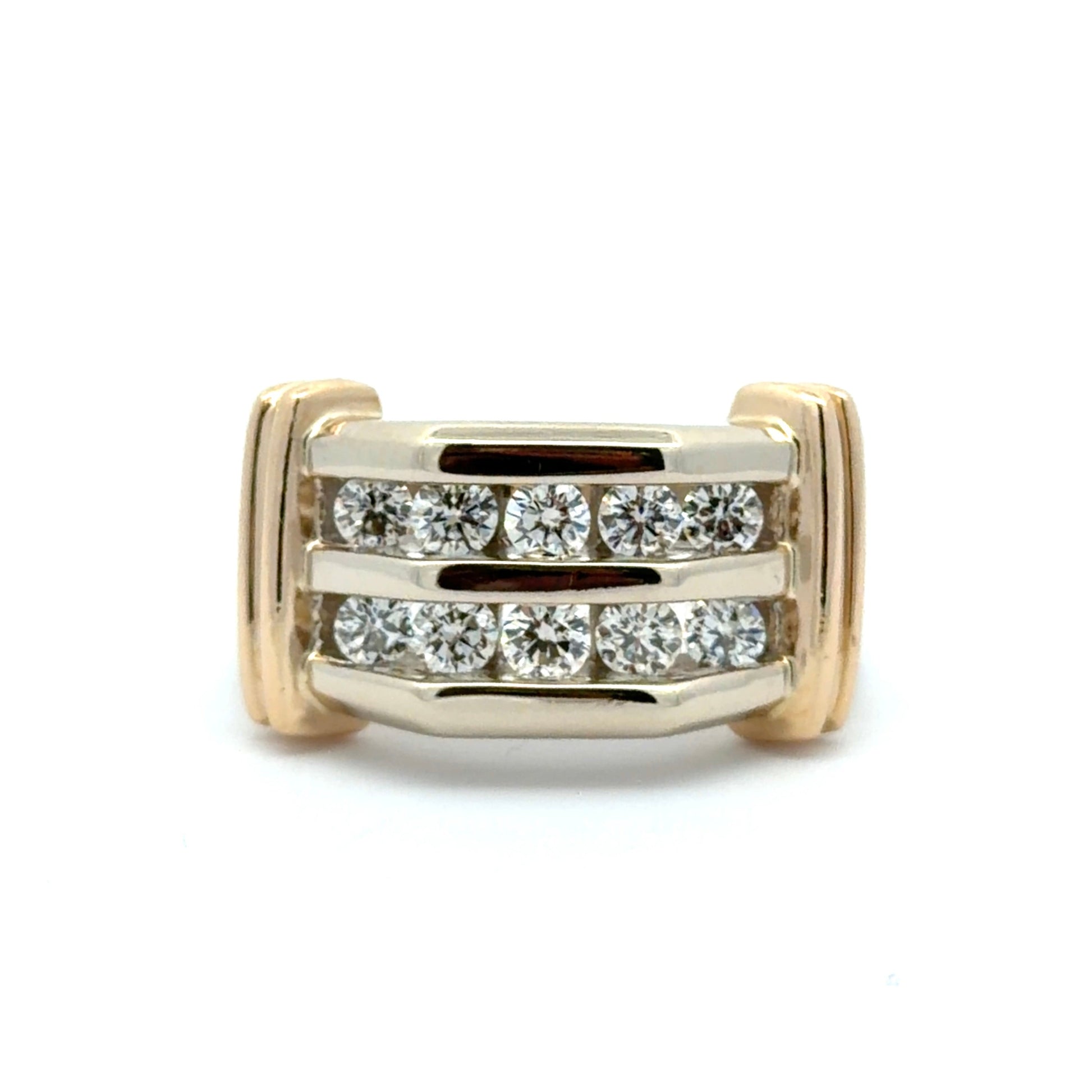 White gold ring with yellow gold accents and diamonds on a white background