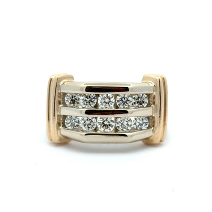 White gold ring with yellow gold accents and diamonds on a white background