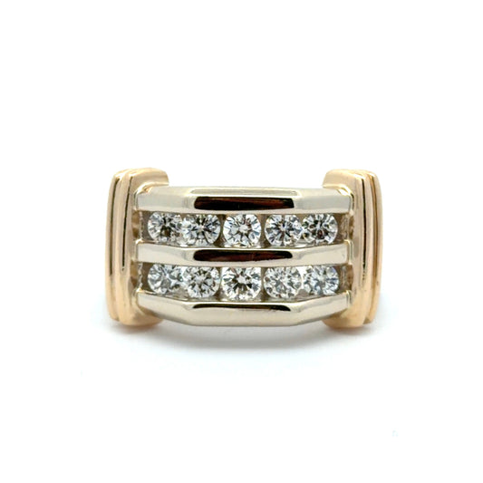 White gold ring with yellow gold accents and diamonds on a white background