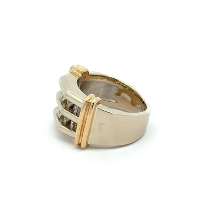 Side of white and yellow gold ring on a white background