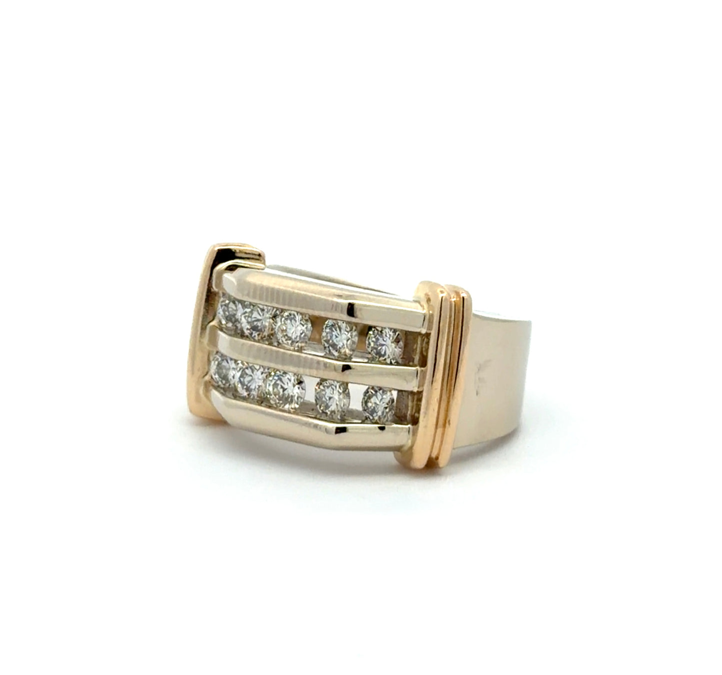 Gold ring with diamond accents on a white background