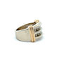 Gold and white gold ring with diamond accents on a white background
