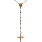 A tri-color rosary necklace featuring gold, white gold, and rose gold metallic beads, a gold Miraculous Medal at the center, and a gold crucifix pendant, displayed against a solid white background.