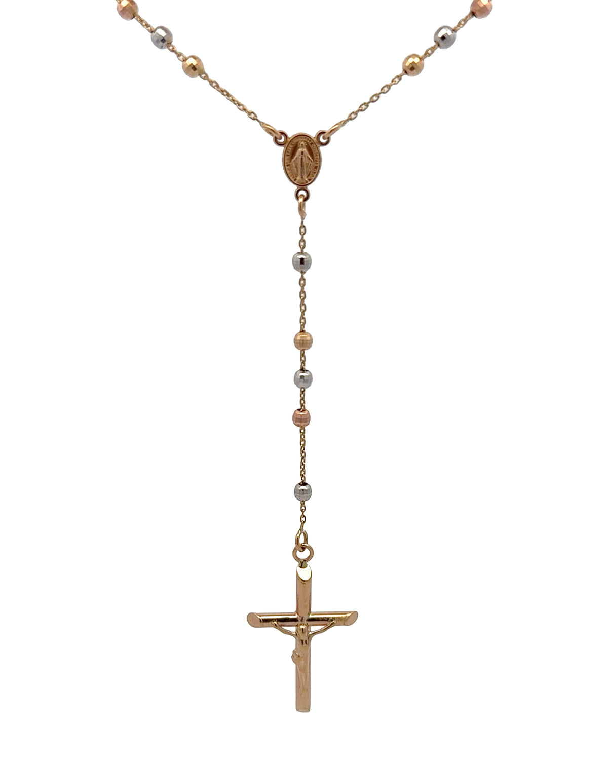 A tri-color rosary necklace featuring gold, white gold, and rose gold metallic beads, a gold Miraculous Medal at the center, and a gold crucifix pendant, displayed against a solid white background.