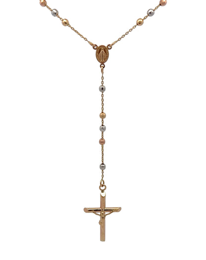 A tri-color rosary necklace featuring gold, white gold, and rose gold metallic beads, a gold Miraculous Medal at the center, and a gold crucifix pendant, displayed against a solid white background.
