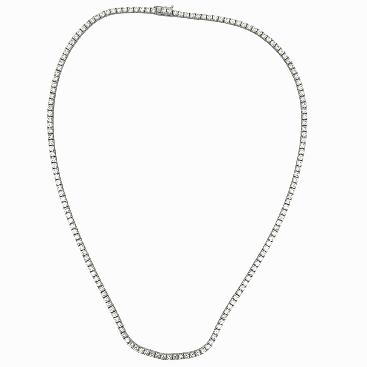 14K white gold natural diamond tennis necklace featuring approximately 11.8 total carats of round diamonds, full front view