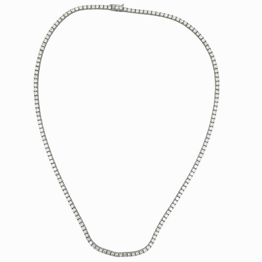 14K white gold natural diamond tennis necklace featuring approximately 11.8 total carats of round diamonds, full front view