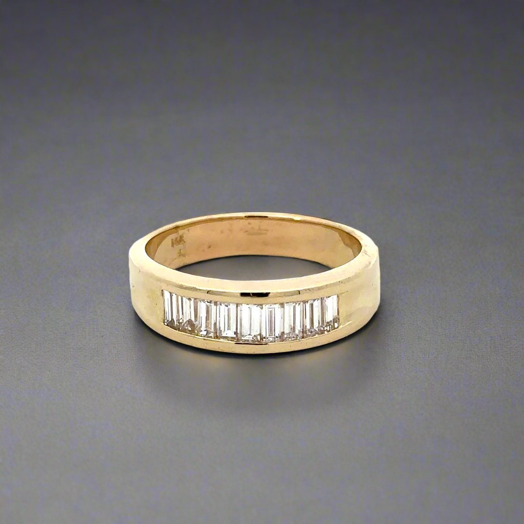 Front of band ring with 9 baguette diamonds and 14K stamp inside band