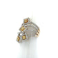 A multi-band ring with yellow and white diamonds, displayed on a white cone stand against a white background.