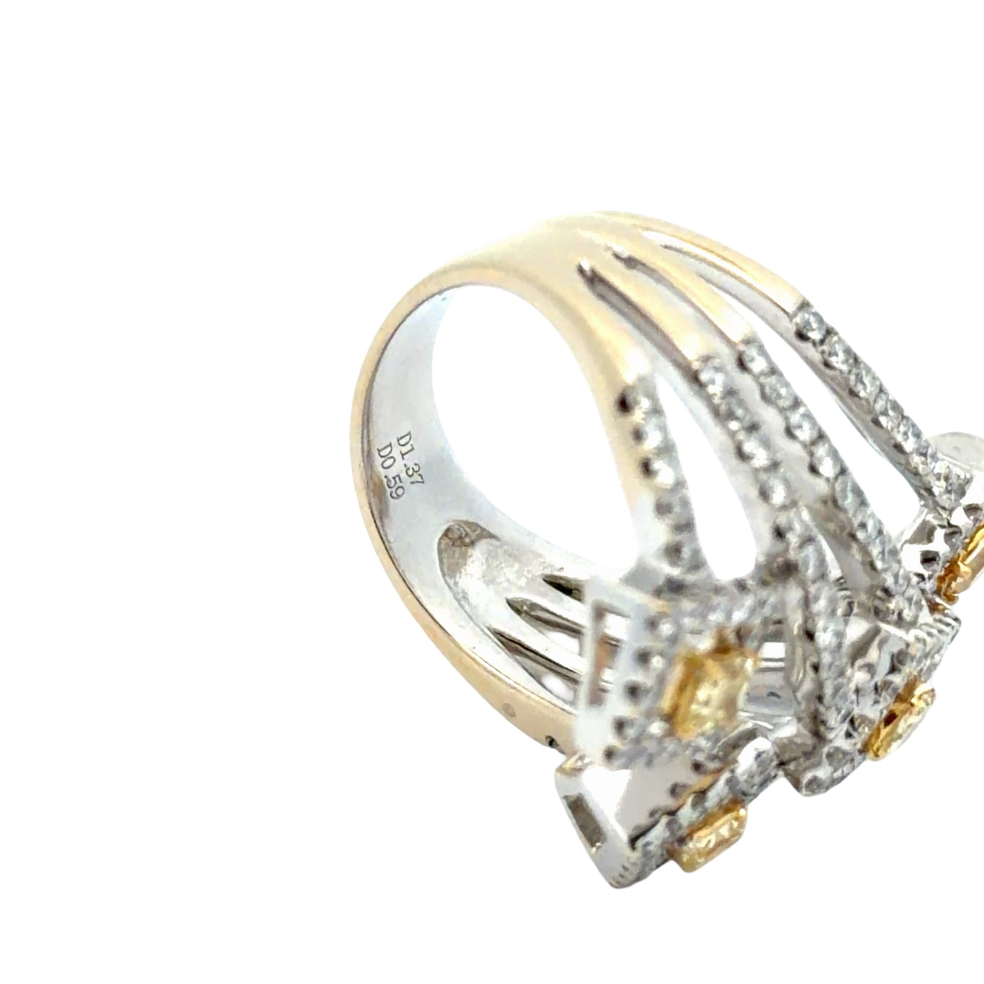 A white gold ring with diamonds shown on a plain white background. The inside of the band is stamped with diamond weight D1.37 & D0.59