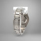 Silver watch band with clasp on a gray background